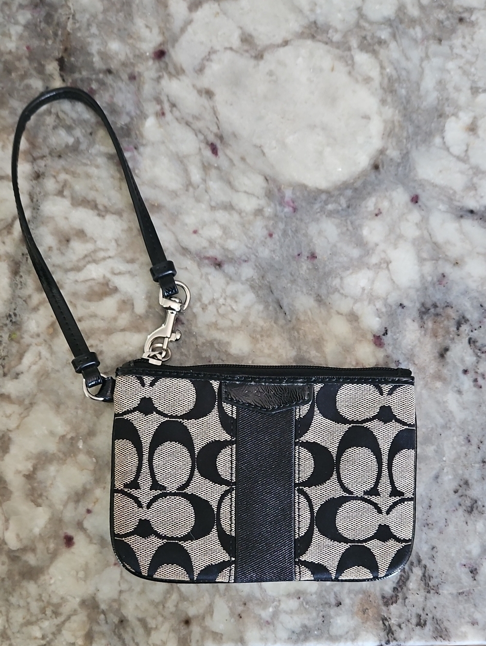Coach Black & Cream Signature Canvas Wristlet with Strap